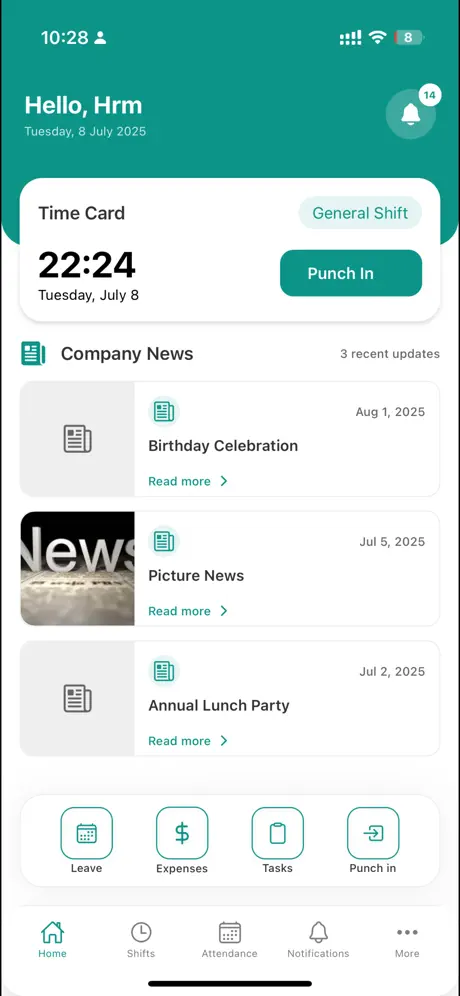 PEAK HR app home screen: a time card with punch-in and company news